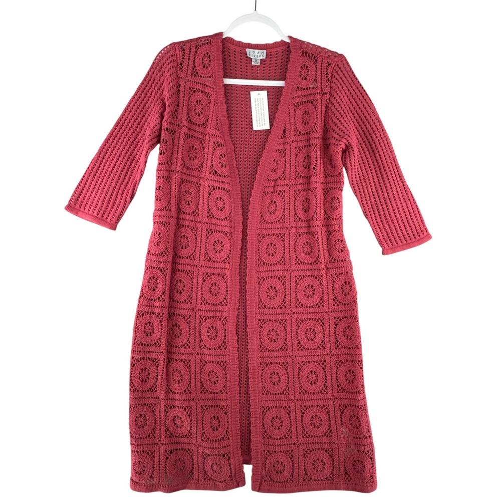 Joan Rivers‎ Crochet Knit Long Cardigan Duster Open Front Coral Womens XSmall